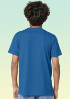 The back view of a boy wearing a royal blue cotton t-shirt.