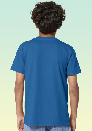 The back view of a boy wearing a royal blue cotton t-shirt.