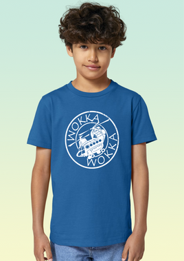 A boy wearing a royal blue cotton children’s t-shirt with white circular Chinook graphic hand printed on the front.