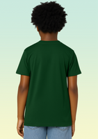 The back view of a boy wearing a plain bottle green cotton t-shirt.