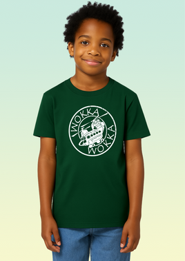 A boy wearing a bottle green t-shirt with white circular Chinook helicopter graphic and WOKKA WOKKA text around the design.