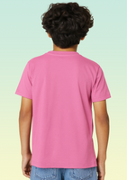 The back view of a boy wearing a pink cotton t-shirt.