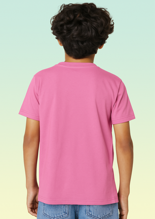 The back view of a boy wearing a pink cotton t-shirt.