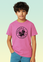 A boy wearing a pink cotton children’s t-shirt with black circular Chinook helicopter print on the front.
