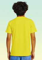 The back view of a boy wearing a bright yellow cotton t-shirt.