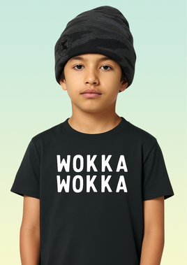 Boy wearing a grey camo beanie hat with a black WOKKA WOKKA t-shirt.