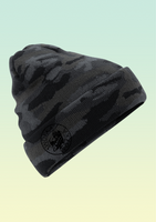 Grey camo beanie hat with black WOKKA WOKKA embroidered text on the front cuff, featuring ribbed knit detail.