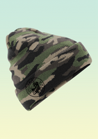 Khaki camouflage beanie hat with black embroidered WOKKA WOKKA logo on the deep turn-up cuff, made from double-layered soft-touch acrylic.
